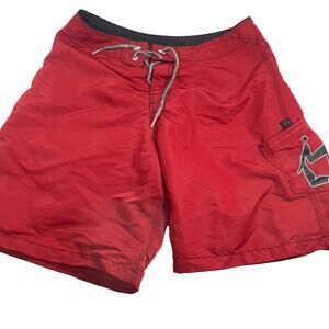 Men's Red & Black Drawstring Front & Strip Fastener Swim Trunks Shorts Size 34